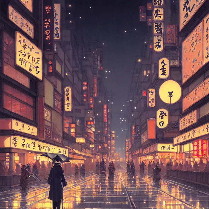 Image similar to empty tokyo at night, winter, in the style of studio ghibli, j. c. leyendecker, greg rutkowski, artem