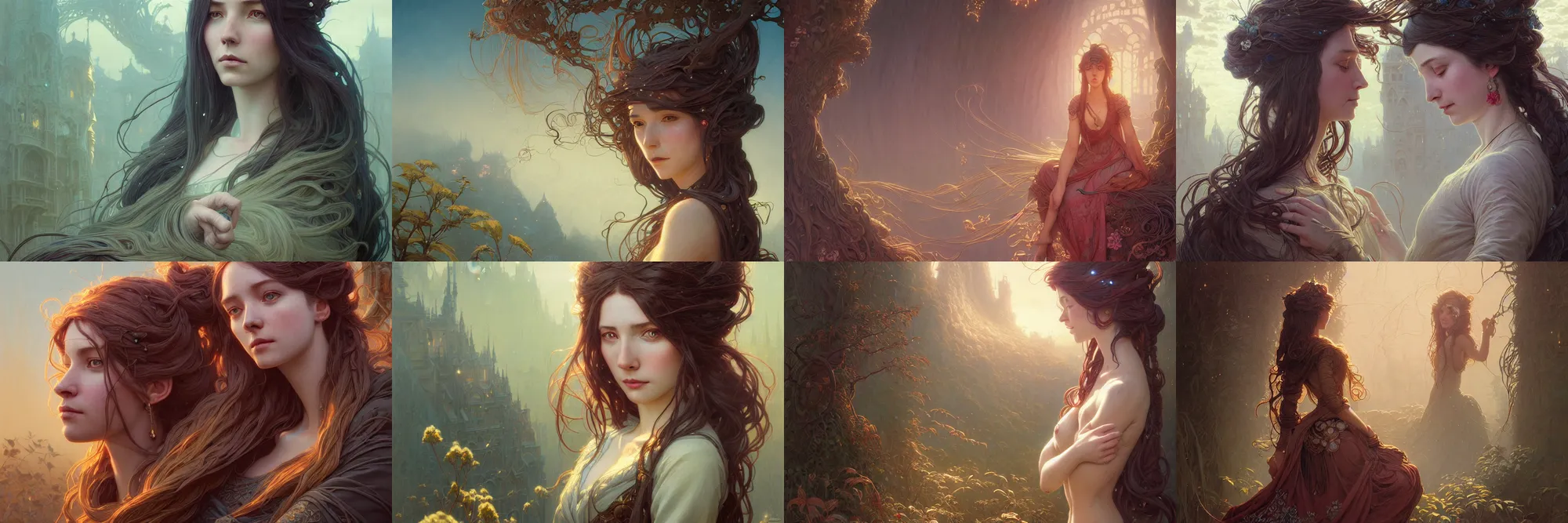 Image similar to highly detailed portrait of a woman with long hairs, stephen bliss, unreal engine, fantasy art by greg rutkowski, art nouveau, loish, rhads, ferdinand knab, makoto shinkai and lois van baarle, ilya kuvshinov, rossdraws, tom bagshaw, alphonse mucha, global illumination, radiant light, detailed and intricate environment