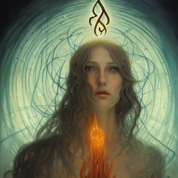 Image similar to a highly detailed beautiful portrait in the style of jean delville and in the style of peter mohrbacher. glowing rune of magical power.