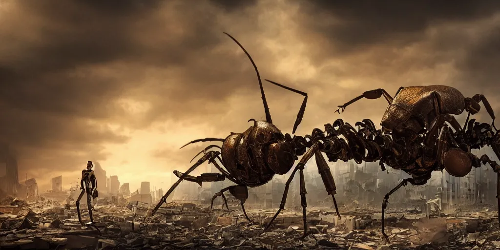 Image similar to giant steampunk ant in a destroyed city, 8 k, moody lighting, shallow depth of field,
