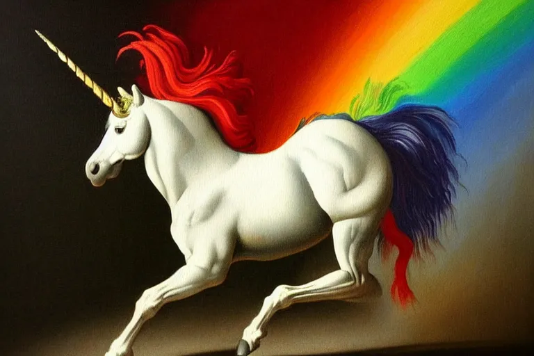 Image similar to detailed traditional painting of a unicorn walking on a solid rainbow, ((rainbow)) by Caravaggio, authentic, masterpiece, brush strokes, trending on artstation