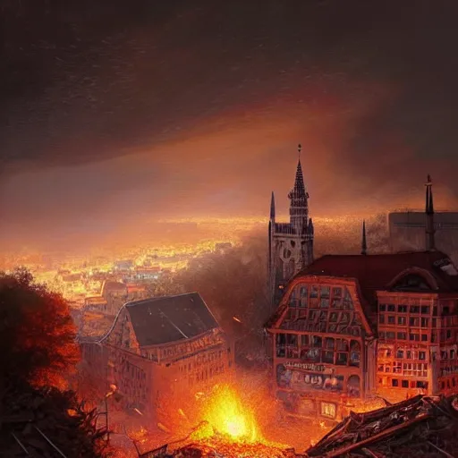 Prompt: city of munich destroyed by a meteor!!!, rubble!!, fires!!, a close view of a rabi in panic!!!, hyperrealistic, highly detailed, cinematic, foggy light from fires, beautiful, cgssociety, artstation, 8 k, oil painting by greg rutkowski, by artgerm, by wlop