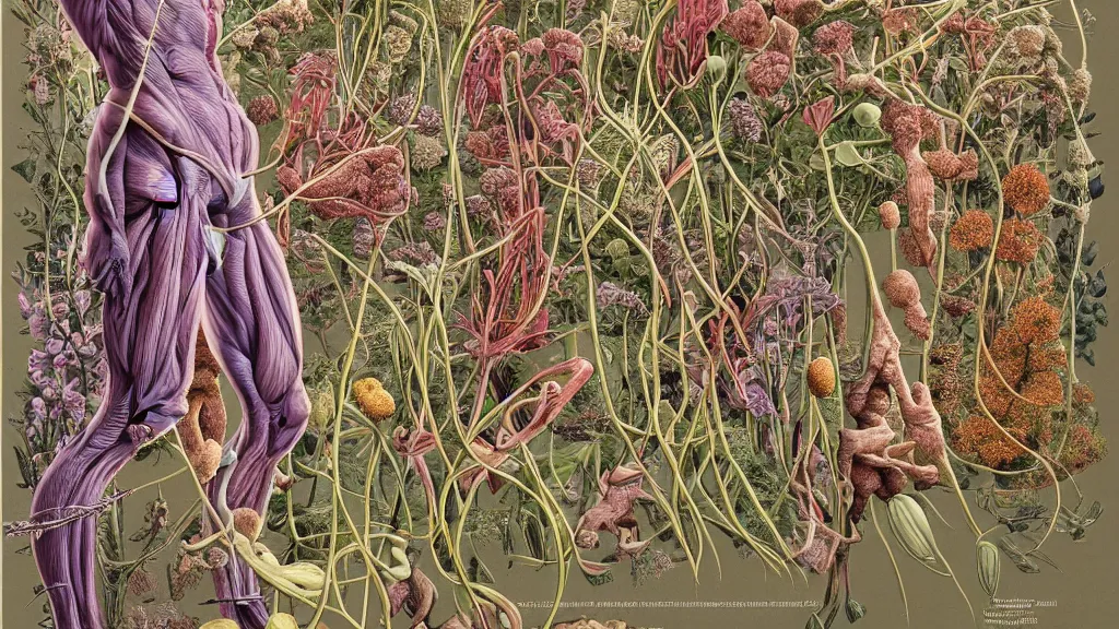 Image similar to highly detailed illustration human anatomy with all the known species of plants and flowers by juan gatti, by moebius!, by oliver vernon