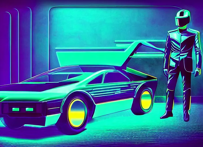 Image similar to knight rider, 1 9 8 2, futuristic style, soft neon, palm, synthwave, technology, shit, daft punk