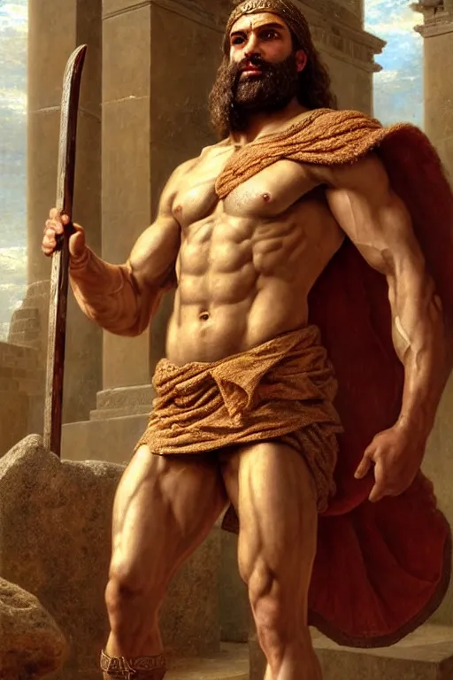 Prompt: ancient spartan gigachad hero in ancient courtyard, wearing a toga, holding a spear, babylonian beard, herculean bulging muscular figure, beautiful gigachad, soft lighting, highly detailed face!!, sharp focus, artstation, sophie anderson, arnold armitage, loish, thomas kinkade