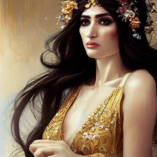 Image similar to Portrait of a Arabic Supermodel wearing a floral crown, porcelain skin, angry look, long dark hair, beautiful bone structure, shiny gold background, intricate, elegant, highly detailed, digital painting, artstation, concept art, smooth, sharp focus, illustration, art by artgerm and greg rutkowski and alphonse mucha