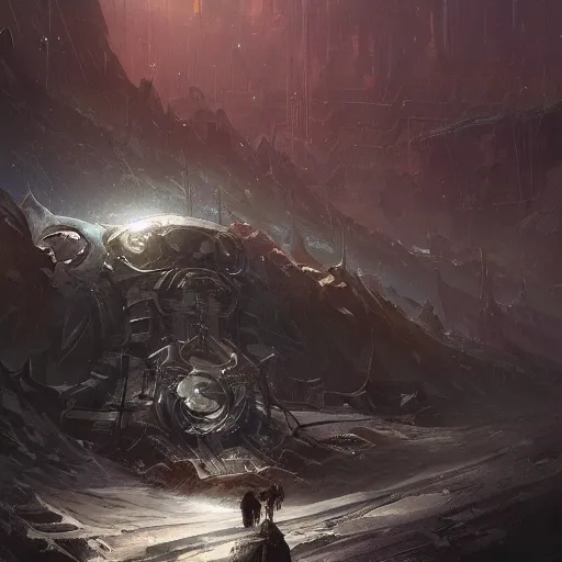 Image similar to mechanical king of quantum, elden ring, by greg rutkowski landscape