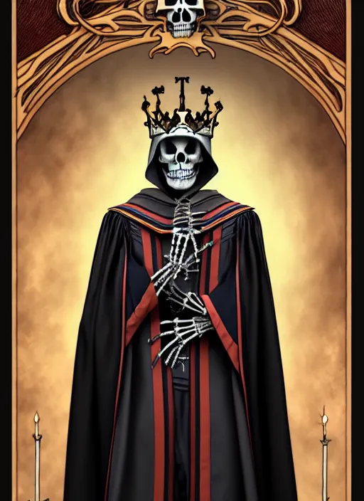 Image similar to undead skeleton king, wearing an academic gown, tarot card, highly detailed, deep focus, elegant, digital painting, smooth, sharp focus, illustration, ultra realistic, 8 k, art by artgerm and alphonse mucha