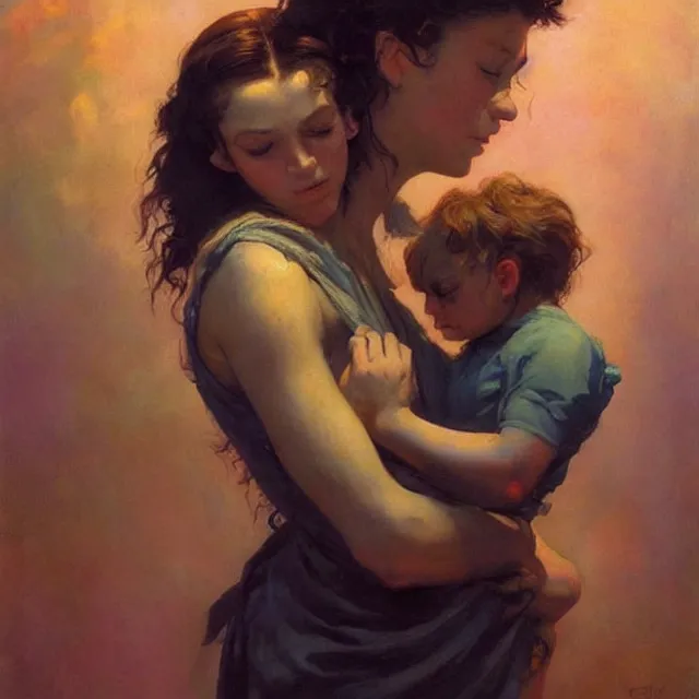 Image similar to an aesthetic! detailed portrait of an aesthetic woman crying mournfully while holding a child, by frank frazetta, oil on canvas, bright colors, art nouveau, epic composition, dungeons and dragons fantasy art, hd, god - rays, ray - tracing, crisp contour - lines, huhd - 8 k
