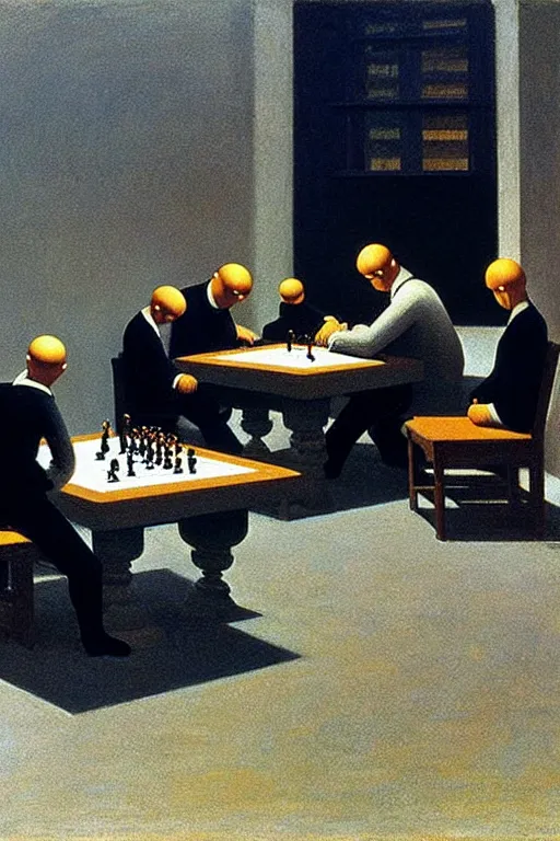 Image similar to group of men watching a little kid playing chess with a robot, edward hopper and james gilleard zdzislaw beksisnski higly detailed