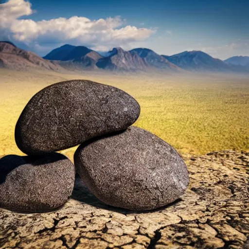 Image similar to Photograph of two rocks with googly eyes at edge of a mountain in a savana