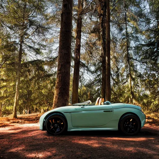 Prompt: a roadster covered by cat hair parking in the forest, warm light, front view, centered, 4k, hd, highly detailed