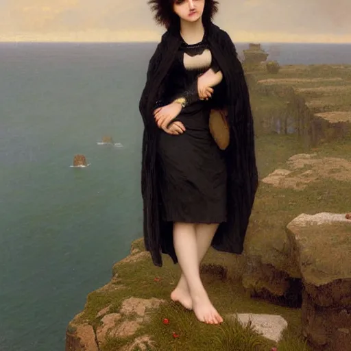 Image similar to 1 7 - year - old pale - skinned persian girl with black long bob cut, long bangs, black gothic jacket, black jeans, psychic girl, standing on cliff along the irish coast, overcast gray skies, ultra - realistic, sharp details,, intricate details, art by william - adolphe bouguereau