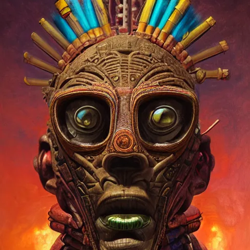 Image similar to a expressive portrait of masked diesel punk quetzalcoatl on the art of mayan ancient culture, artstation, award - winning realistic sci - fi concept art by jim burns and greg rutkowski, beksinski, a realism masterpiece, expressive color palette, james gilleard, bruegel, alphonse mucha, and yoshitaka amano