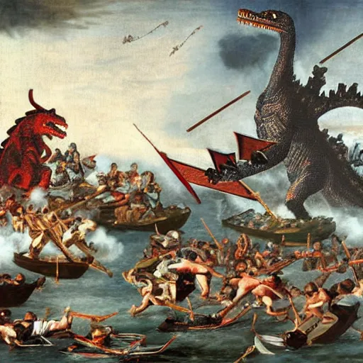 Prompt: historical painting depicting the romans fighting against godzilla in ancient japan, realistic, high definition, detailed, clean