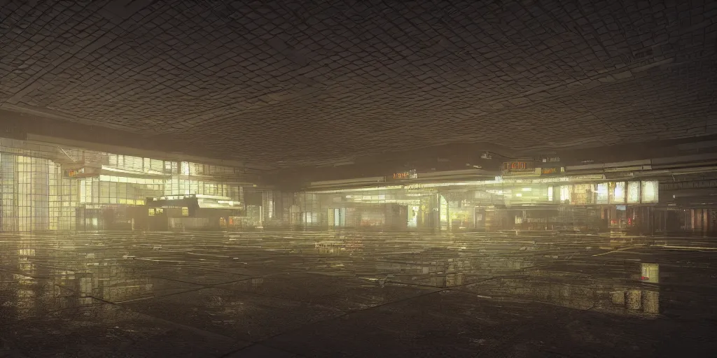 Image similar to equirectangular projection grid of a futuristic bladerunner cyberpunk trainstation in the rain at night, volumetric lighting 4K Spherical Panorama RealityEngine PhotoRender hyperdetailed cinematic