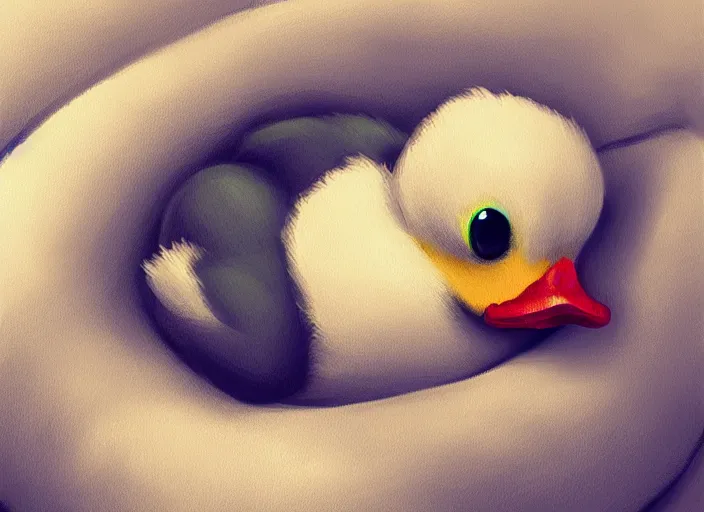 Image similar to cute duck tucked in bed and going to sleep, digital painting, trending on artstation, award winning art, stylized painting