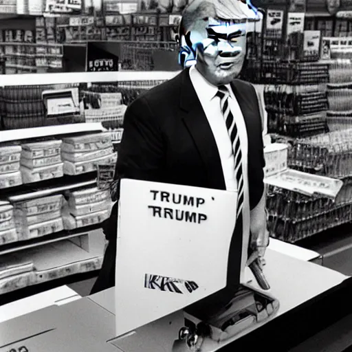 Prompt: Donald Trump working at Kmart in the 1980s, black and white photo,