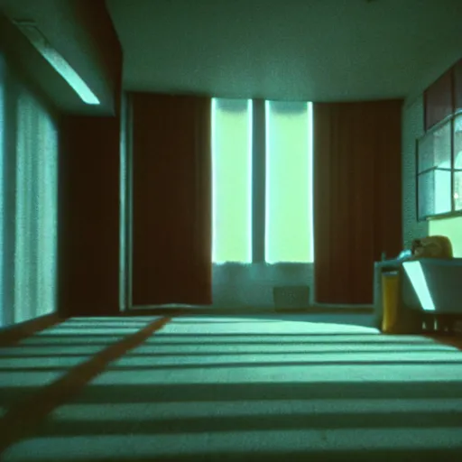 Prompt: cinematic shot from a 1 9 8 5 thriller, a woman hears a voice in her head, apartment design, movie directed by stanley kubrick, color theory, leading lines, photorealistic, volumetric lighting w 9 6 0