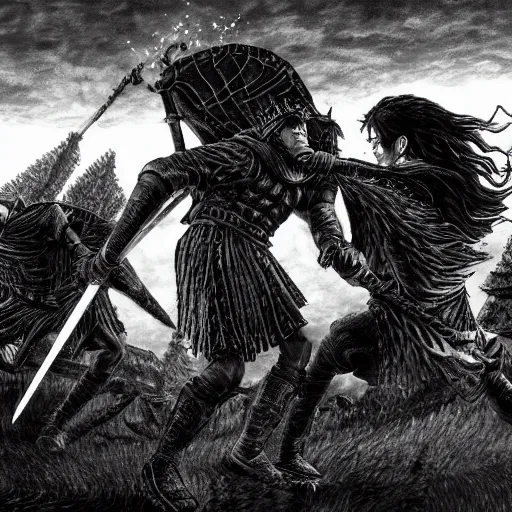 Image similar to duel of knights in the style of kentaro miura, 4 k, 8 k, absolute detailing of even the smallest details and particles, beautiful shadows, beautiful art, black and white drawing