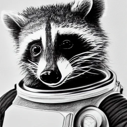 Image similar to a very detailed pencil drawing of a raccoon in an astronaut suit in space 4 k, high resolution, still, landscape, hd, dslr, hyper realistic, sketch