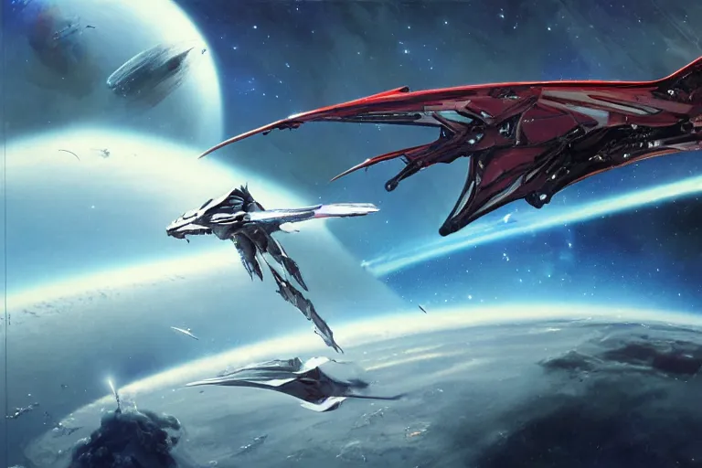 Image similar to gnostic space nebula by John Harris, framing a pteranodon mecha interceptor, small against the backdrop of space, white john berkey armor panels, wine-red and grey trim, robotech styling, with white Kanji markings outlined in black, boeing concept art painting, cinematic lighting, amazing lifelike cinematic photo render,