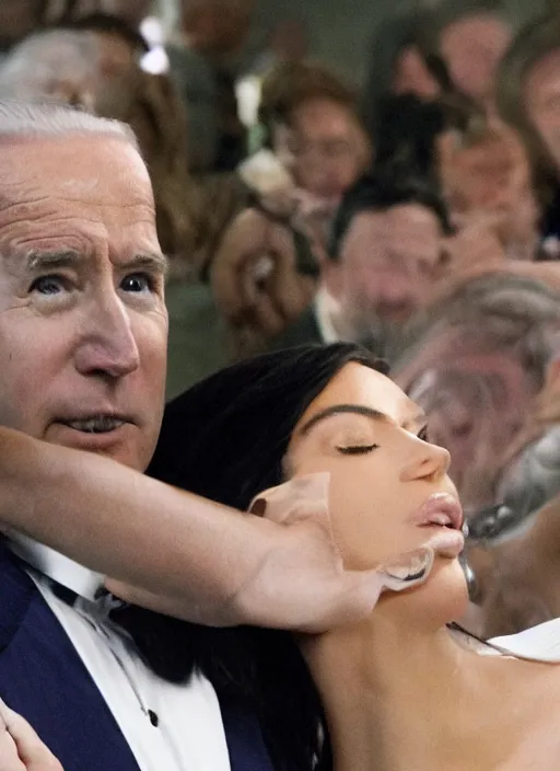 Image similar to film still of kim kardashian being kissed to sleep by joe biden, 8 k