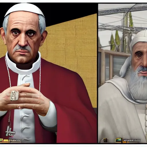 Image similar to the pope as a game character in gta 5, game graphics, game screenshot, in the style of rockstar advanced game engine