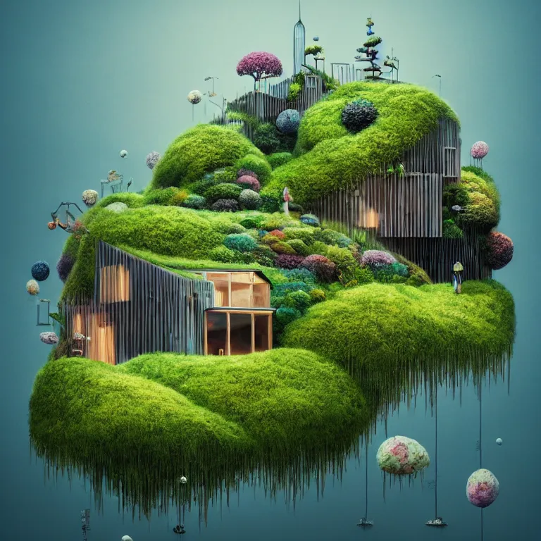 Image similar to tiny house by kengo kuma on island, sea cloud, surreal art by gediminas pranckevicius, geof darrow, jason naylor, dark shadows, hard lighting, floralpunk flower and green plants garden, inking, etching, screen print, masterpiece, trending on artstation, sharp, colorful high contrast hd, 8 k hyper detailed