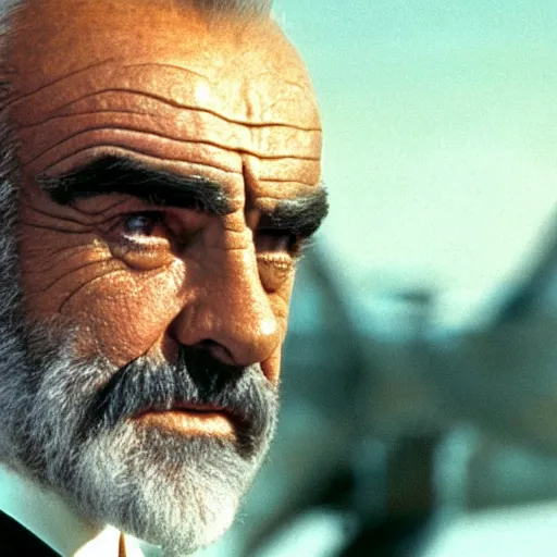 Prompt: sean connery as big boss, white hair, dim lighting, movie still