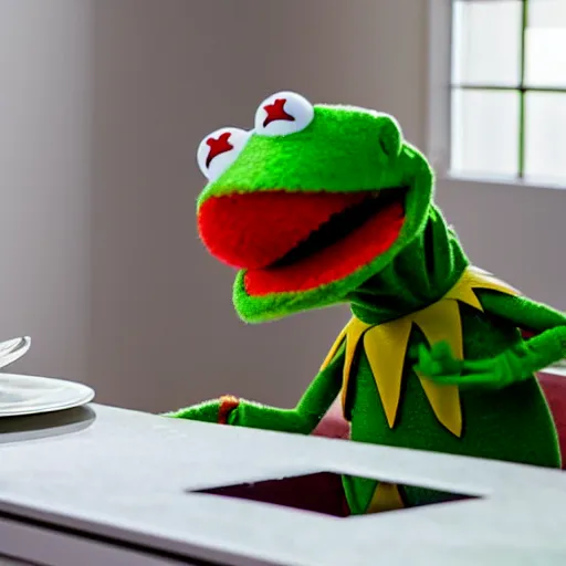 Image similar to kermit the frog and alf laughing on kitchen table. white powder in lines on mirror surface