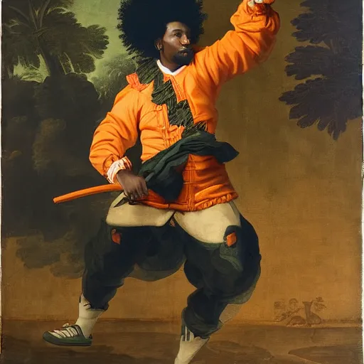 Image similar to photograph of a black man with afro hair wearing an army green adidas jacket riding an orange colored bull!!, renaissance style painting