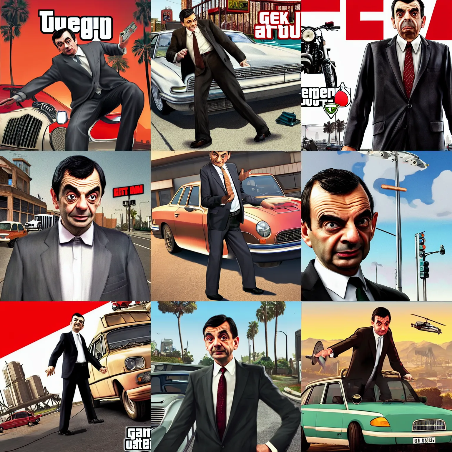 Prompt: mr bean, gta 5 cover art