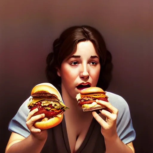 Image similar to portrait of a george Constanza eating a hamburger, extra onions and ketchup, luscious patty with sesame seeds, masculine, handsome, D&D, fantasy, intricate, elegant, highly detailed, digital painting, artstation, concept art, matte, sharp focus, illustration, art by Artgerm and Greg Rutkowski and Alphonse Mucha