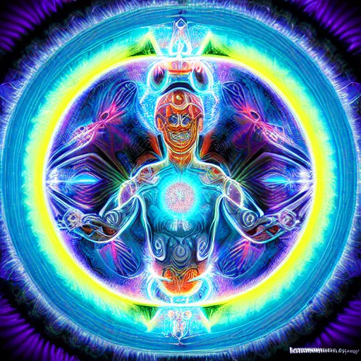Image similar to ( a intricate ornate psychedelic image of a shaman with a glowing third eye, digital art by artgerm, alex grey, dan mumford, felix kelly, psychedelic art, psychedelic, fractalism, fractals, sacred geometry, trending on artstation, hyper realism, highly detailed, cgsociety, octane render, raytracing, 3 d ) on a mouse pad