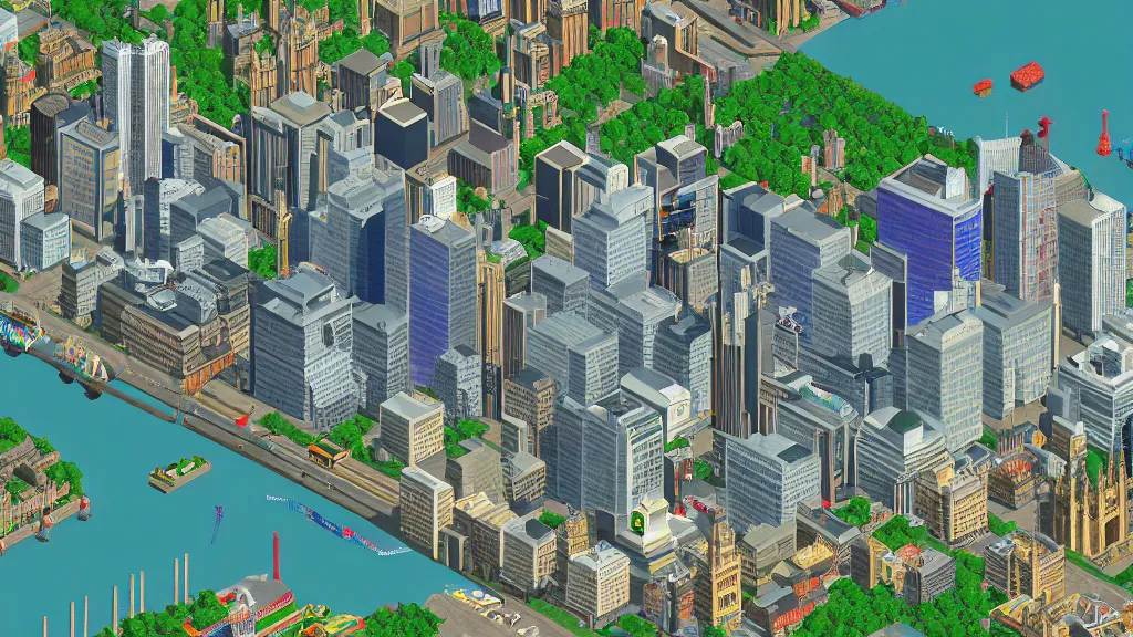 Image similar to aerial shot of London over the South Bank rendered in SimCity 2000, pixel art, 32bit, highly detailed, natural light