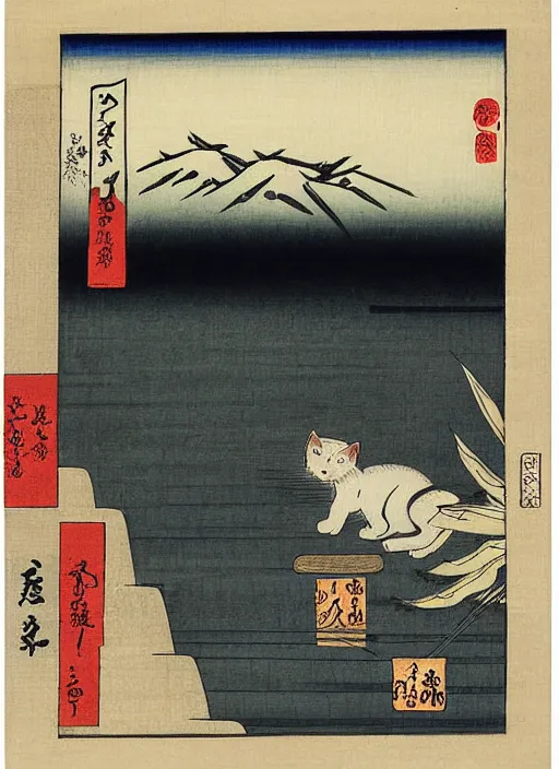 Prompt: whitecat with 2 baby white cats of utagawa hiroshige