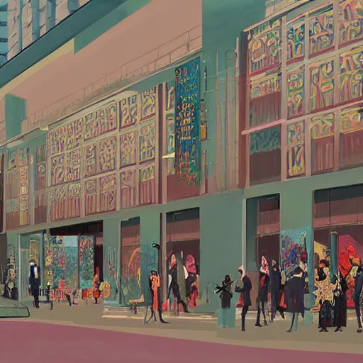 Prompt: illustration of modern art gallery, where there is a lot of paintings displayed from various artist, very fashion, displayed on the walls, by Victo Ngai and James Gilleard and Bruce Pennington