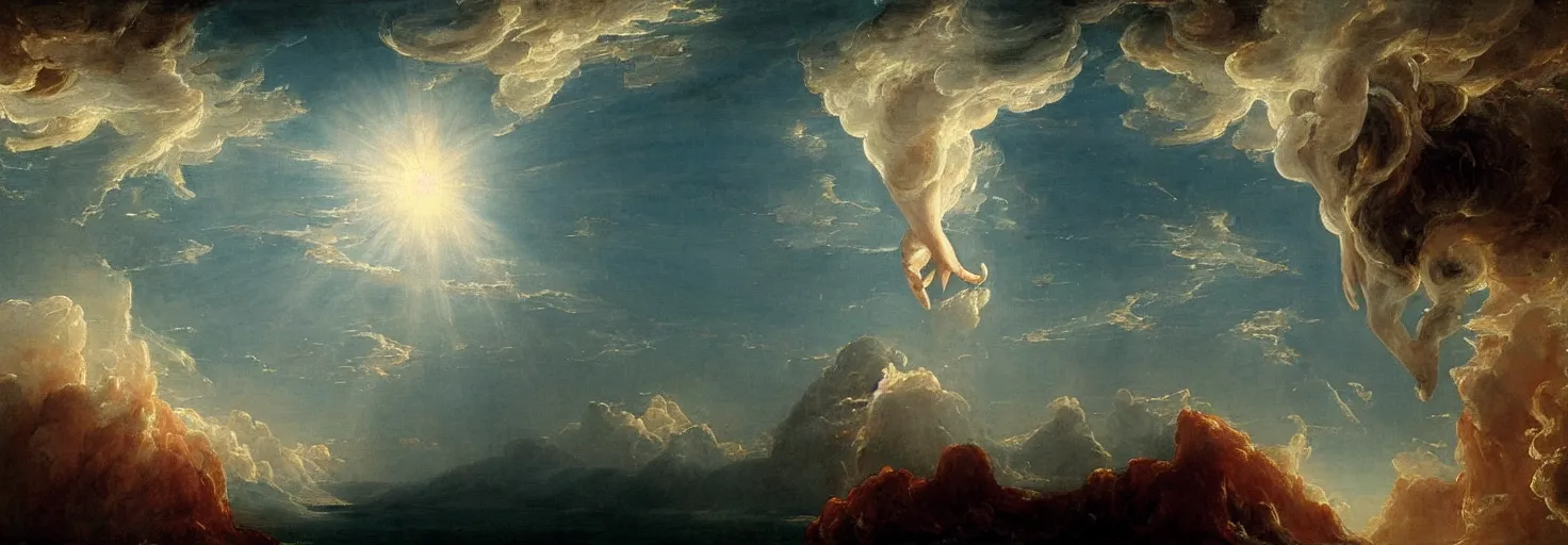 Image similar to a painting of a hand descending from the clouds demand payment for daily existence, in the style of an epic Thomas Cole painting