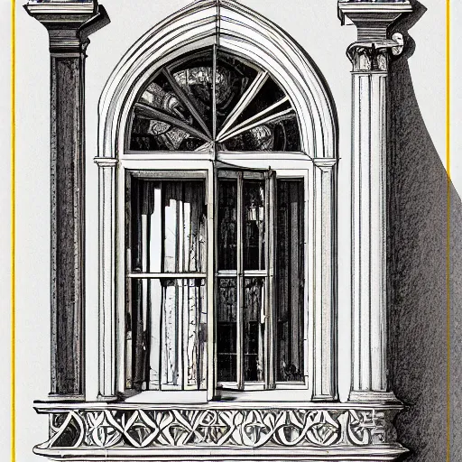 Image similar to digital illustration of a beautiful window open front view, aesthetic, achenbach, andreas, angelico, fra, bellotto, bernardo, ornate, russian style, colorful architectural drawing, behance contest winner, vintage frame window