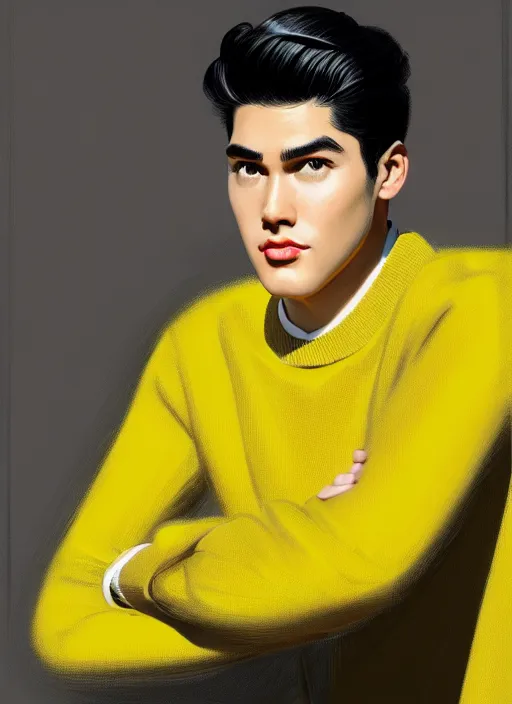 Image similar to portrait of young reggie mantle, mean smirk, egotistical, slicked back hair, striped yellow and black sweater, 1 9 5 0 s, intricate, elegant, glowing lights, highly detailed, digital painting, artstation, concept art, smooth, sharp focus, illustration, art by wlop, mars ravelo and greg rutkowski