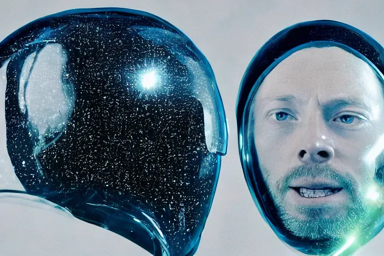 Image similar to thom yorke singer songwriter in a reflective space helmet, helmet filling up with water, video art, anamorphic lens flare, datamosh, beautiful blue eyes, eyes reflecting into eyes reflecting into infinity, eyes reflecting into eyes reflecting into infinity, dramatic lighting