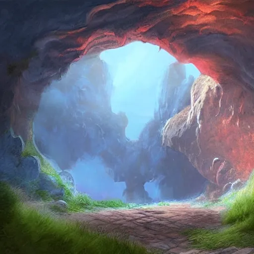 Image similar to beautiful matte painting of a fantasy cave entrance