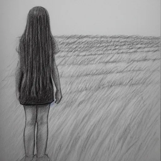 Prompt: pencil sketch of girl standing in field, peaceful, calm, serene