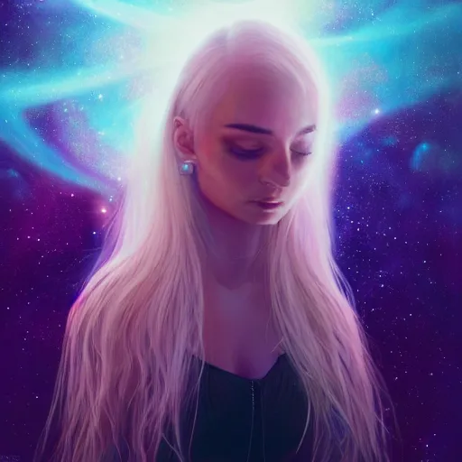 Prompt: an epic cinematic ethereal portrait made of stardust of kim petras with her eyes closed as part of the fabric of the universe and existence, galaxies, stars, nebulas, artstation trending, visionary art, oil painting, cgsociety, instagram