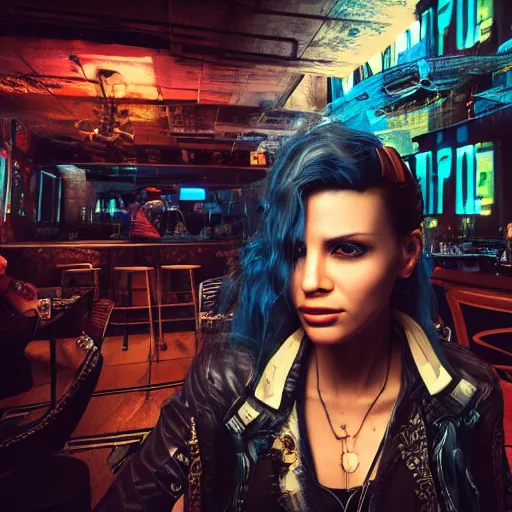 Image similar to a high quality portrait of a beautiful stunning pirate in a cyberpunk cyberpunk cyberpunk cafe, realism, 8k, award winning photo