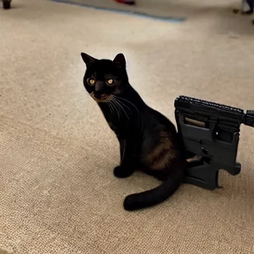 Image similar to Photo of an upright house cat with an AR15