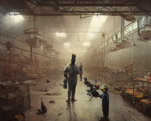 Image similar to A mixed media painting of a duck worker in a factory with little humans on the production line, by Frank Frazetta, Greg Rutkowski, Beeple, post-processing, low angle, masterpiece, cinematic, isometric, volumetric lighting