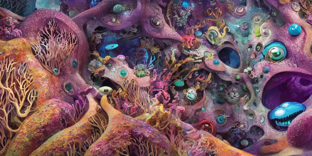 Image similar to of an intricate sea reef with strange cute friendly happy creatures with huge eyes, mouth, long tongue, round teeth and goofy face, appearing from the background, in the style of gehry and gaudi, macro lens, shallow depth of field, ultra detailed, digital painting, trending artstation, concept art, illustration, cinematic lighting, photorealism, epic, octane render