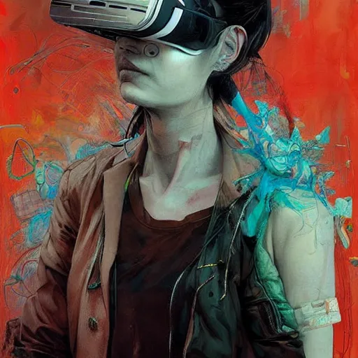 Prompt: woman in a vr headset, cyberpunk in the style of adrian ghenie, esao andrews, jenny saville, surrealism, dark art by james jean, takato yamamoto